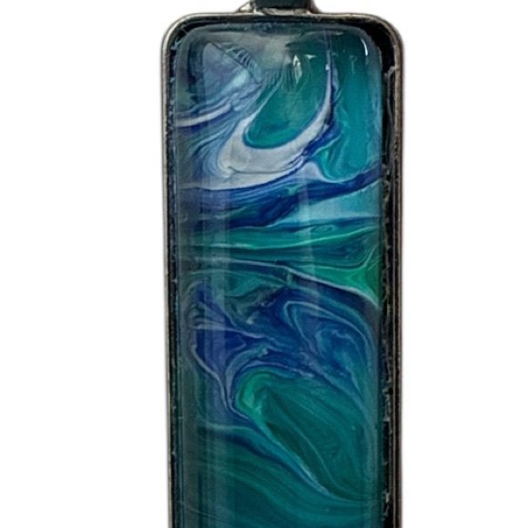 Handmade Teal and Blue Fluid Art Bar Pendant Necklace - Picture 6 of 10
